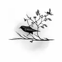 sillouette of blackbird on branch with three small pink and white flowers on the branch. in the style of a tattoo tattoo design idea
