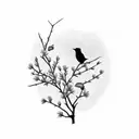 sillouette of blackbird on branch with three small pink and white flowers on the branch. in the style of a tattoo tattoo design idea