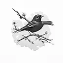 sillouette of blackbird on branch with three small pink and white flowers on the branch. in the style of a tattoo tattoo design idea