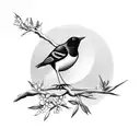 sillouette of blackbird on branch with three small pink and white flowers on the branch. in the style of a tattoo tattoo design idea