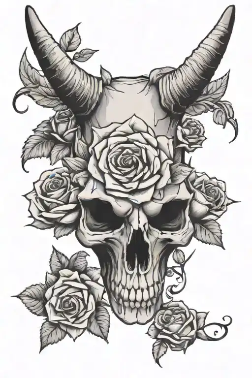 long horn skull with roses tattoo design idea