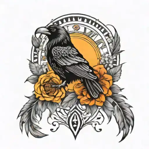 Raven wings with sun and bear paw in the centre along with flowers around it  tattoo design idea