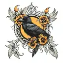 Raven wings with sun and bear paw in the centre along with flowers around it  tattoo design idea