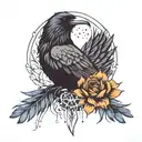 Raven wings with sun and bear paw in the centre along with flowers around it  tattoo design idea