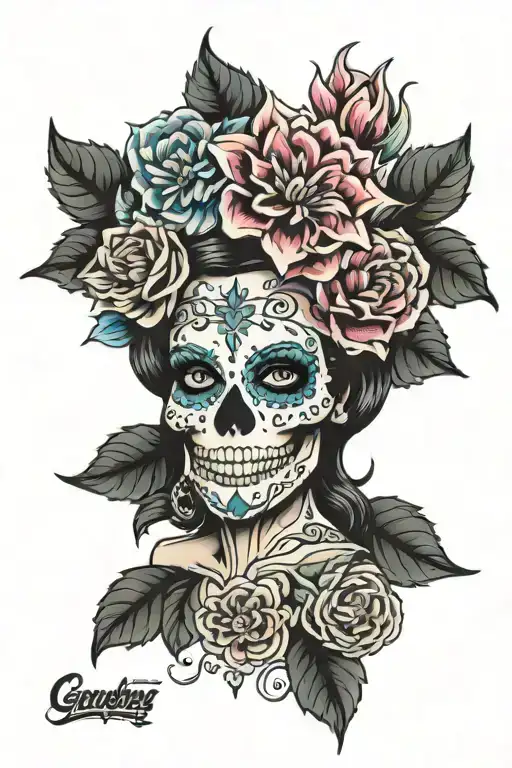 sugar skull Dallas cowboys feminine dahlia flower tattoo design idea