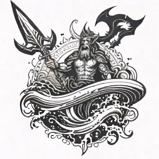 A powerful god of the ocean commanding the waves with a computerized trident, symbolizing the strength of nature and human effort tattoo design idea