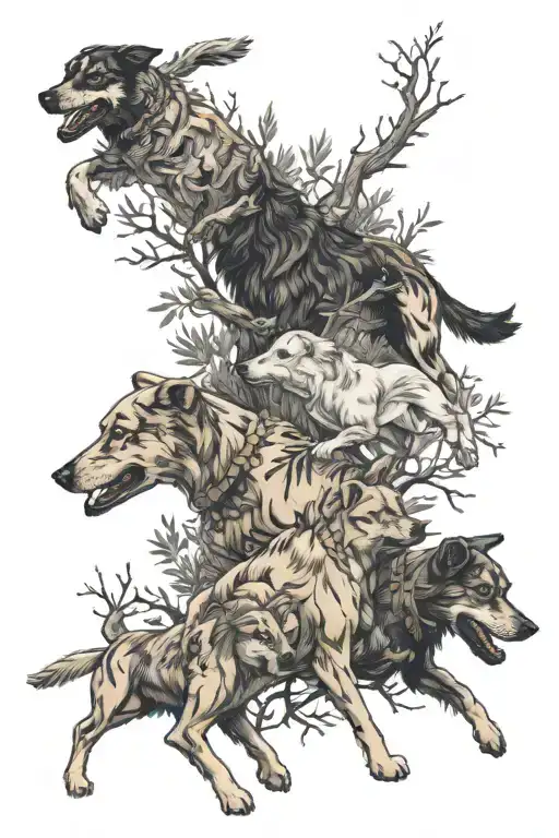 A tattoo design featuring a pack of dogs running through a forest with elements of mythology intertwined tattoo design idea