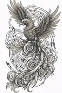 A tattoo design combining elements of music and mythology, such as a phoenix rising from musical notes tattoo design idea