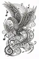 A tattoo design combining elements of music and mythology, such as a phoenix rising from musical notes tattoo design idea