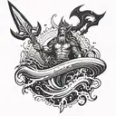 A powerful god of the ocean commanding the waves with a computerized trident, symbolizing the strength of nature and human effort tattoo design idea