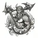 A powerful god of the ocean commanding the waves with a computerized trident, symbolizing the strength of nature and human effort tattoo design idea