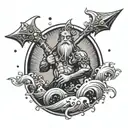 A powerful god of the ocean commanding the waves with a computerized trident, symbolizing the strength of nature and human effort tattoo design idea