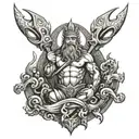 A powerful god of the ocean commanding the waves with a computerized trident, symbolizing the strength of nature and human effort tattoo design idea