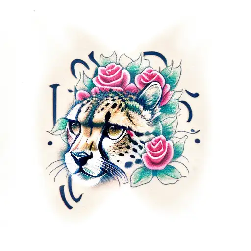 cheetah print and roses surrounding name in Chinese letters  tattoo design idea