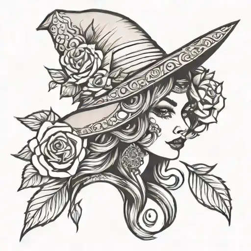 Gypsy girl Witch hat head roses tattoo design idea