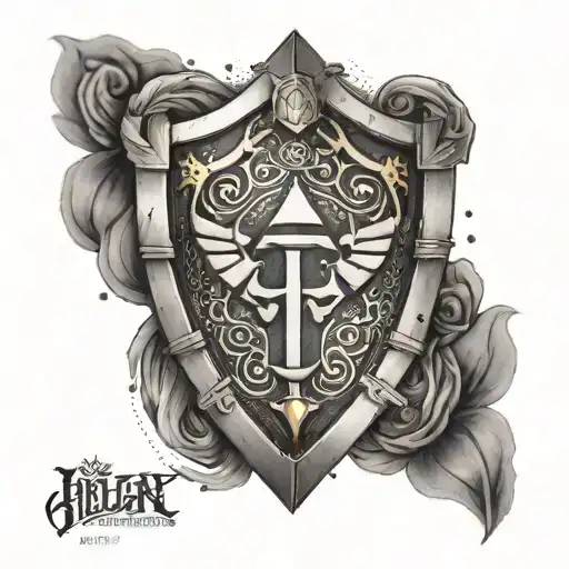 Create a dotwork tattoo featuring a Hylian Shield surrounded by medical symbols to represent your role as a combat medic tattoo design idea