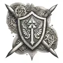 Create a dotwork tattoo featuring a Hylian Shield surrounded by medical symbols to represent your role as a combat medic tattoo design idea