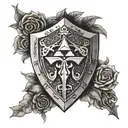 Create a dotwork tattoo featuring a Hylian Shield surrounded by medical symbols to represent your role as a combat medic tattoo design idea