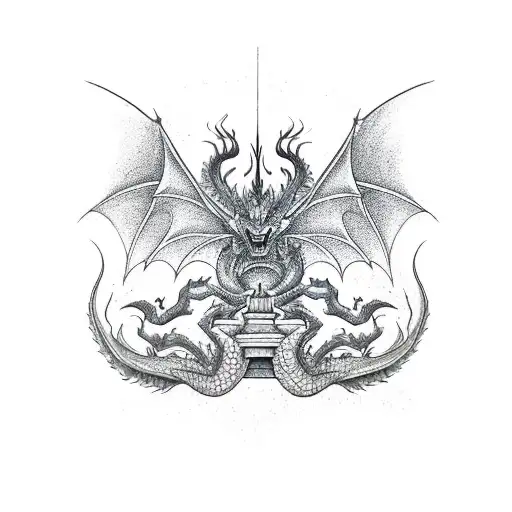 A realistic tattoo of a dragon perched on a traditional Japanese torii gate, with intricate technical drawings of architectural elements in the background tattoo design idea