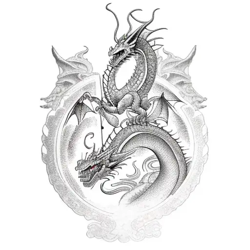 A realistic tattoo of a dragon perched on a traditional Japanese torii gate, with intricate technical drawings of architectural elements in the background tattoo design idea