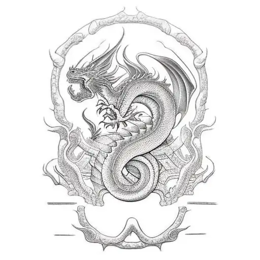 A realistic tattoo of a dragon perched on a traditional Japanese torii gate, with intricate technical drawings of architectural elements in the background tattoo design idea