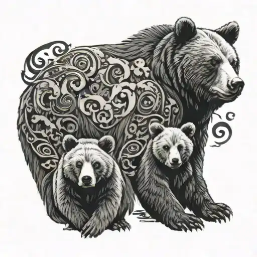 An intricate black and grey portrait of a bear with its cubs, surrounded by symbols representing family and love, with hidden elements of Wisconsin and Colorado tattoo design idea