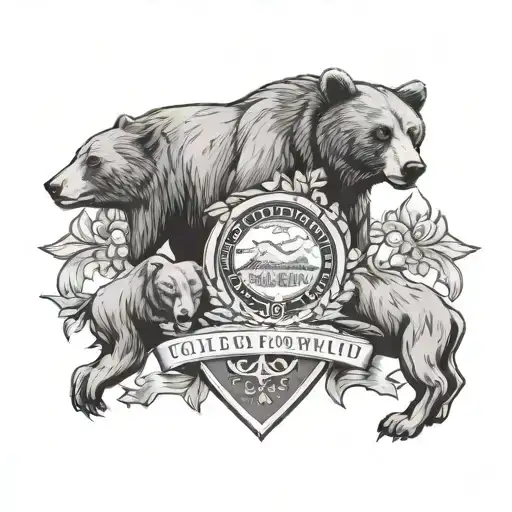 A family crest design with elements representing Colorado, Wisconsin, and a bear as the central symbol, intricately detailed in black-grey shading tattoo design idea