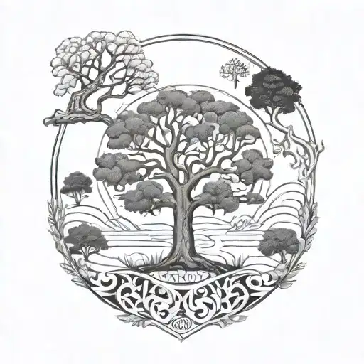 A stylized family tree with each branch representing a family member, incorporating elements of Wisconsin and Colorado landscapes tattoo design idea