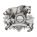 A family crest design with elements representing Colorado, Wisconsin, and a bear as the central symbol, intricately detailed in black-grey shading tattoo design idea