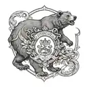 A family crest design with elements representing Colorado, Wisconsin, and a bear as the central symbol, intricately detailed in black-grey shading tattoo design idea