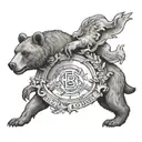 A family crest design with elements representing Colorado, Wisconsin, and a bear as the central symbol, intricately detailed in black-grey shading tattoo design idea