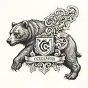 A family crest design with elements representing Colorado, Wisconsin, and a bear as the central symbol, intricately detailed in black-grey shading tattoo design idea