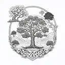 A stylized family tree with each branch representing a family member, incorporating elements of Wisconsin and Colorado landscapes tattoo design idea