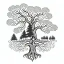 A stylized family tree with each branch representing a family member, incorporating elements of Wisconsin and Colorado landscapes tattoo design idea