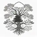 A stylized family tree with each branch representing a family member, incorporating elements of Wisconsin and Colorado landscapes tattoo design idea