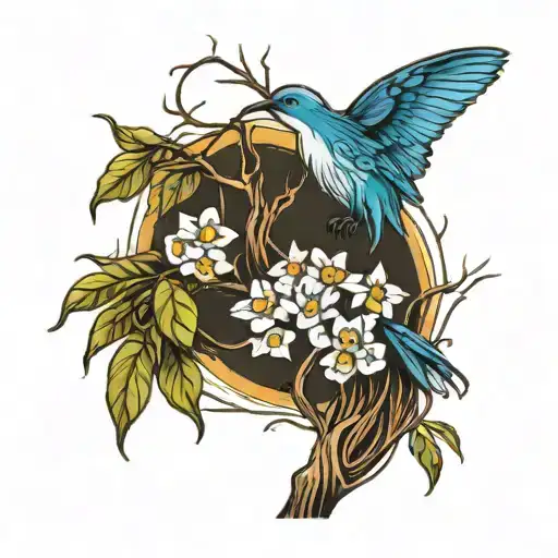 weeping willow tree and forget-me-not flowers tattoo design idea