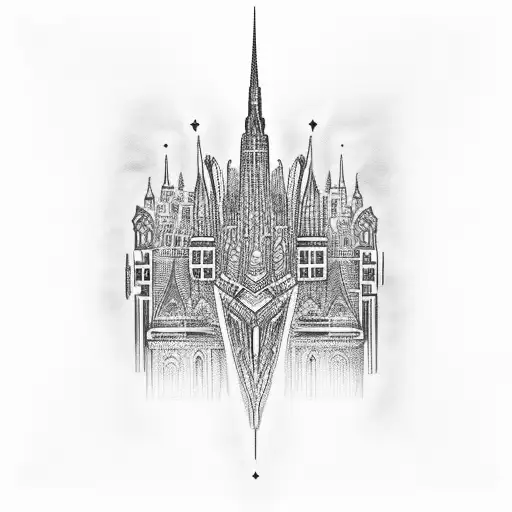 A towering Gothic cathedral merging with futuristic skyscrapers tattoo design idea