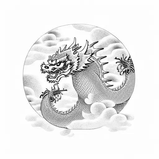 japanese city with dragon and samurai behind the sky building  tattoo design idea