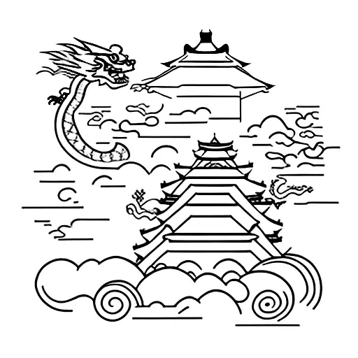 japanese city with dragon and samurai behind the sky building  tattoo design idea