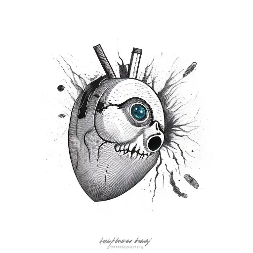 bloody heart with multiple psychedelic eyes on it (black color) tattoo design idea