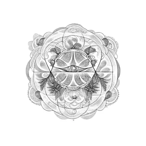 A blackwork tattoo featuring a poison garden with flowers and herbs intertwined in a geometric design, with the phases of the moon incorporated into the background. tattoo design idea