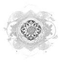 A blackwork tattoo featuring a poison garden with flowers and herbs intertwined in a geometric design, with the phases of the moon incorporated into the background. tattoo design idea