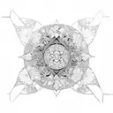 A blackwork tattoo featuring a poison garden with flowers and herbs intertwined in a geometric design, with the phases of the moon incorporated into the background. tattoo design idea