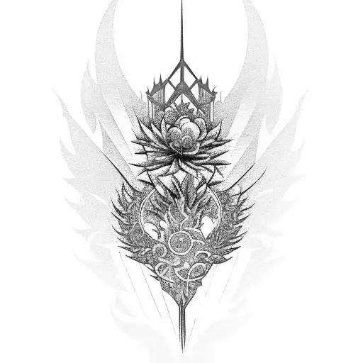 vertical Phoenix along the spine with flowers and elements representing cities skyline - Hyderabad, Kuwait, Toronto, NYC tattoo design idea