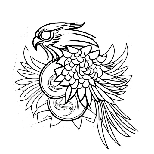 Phoenix with flowers and elements representing cities - Hyderabad, Kuwait, Toronto, NYC tattoo design idea
