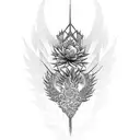 vertical Phoenix along the spine with flowers and elements representing cities skyline - Hyderabad, Kuwait, Toronto, NYC tattoo design idea