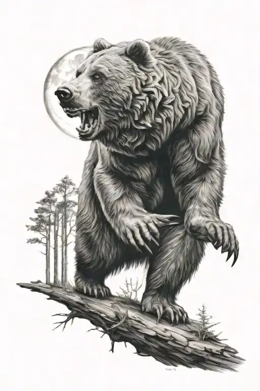 bear furious in the forest with the moon tattoo design idea