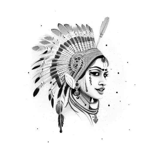 Indian woman with feathers looking to the right tattoo design idea