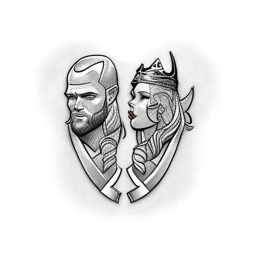 handsome viking king buff,shaven head and stubble jawline lovingly emracing his petite beautiful queen tattoo design idea