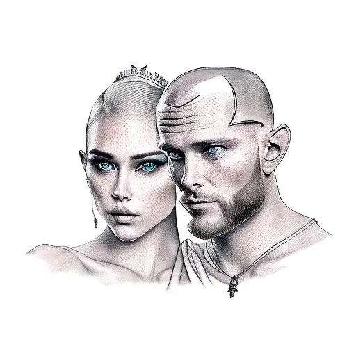 handsome viking king l,shaven head and stubble jawline ovingly emracing his petite beautiful queen tattoo design idea